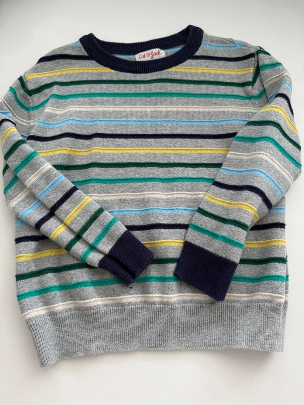 Cat & Jack Gray Sweater with Navy, Yellow and Teal Stripes